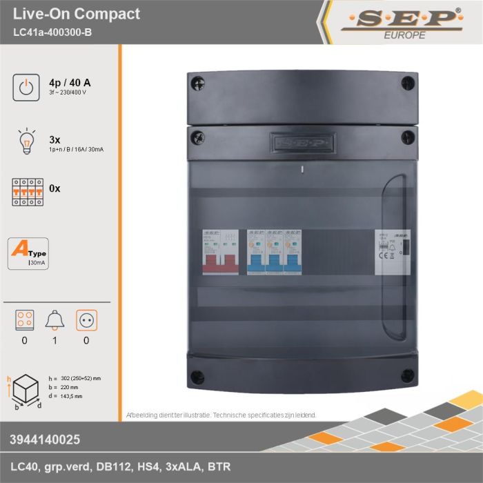 SEP Europe - Live-On Compact, LC41a-400300-B, 40A, 3-fase groepenkast, 3-lichtgroepen, 1-beltrafo, technische gegevens