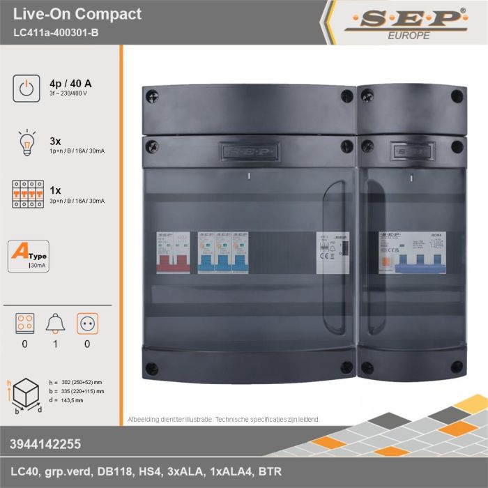 SEP Europe - Live-On Compact, LC411a-400301-B, 40A, 3-fase groepenkast, 3-lichtgroepen, 1-krachtgroepen, 1-beltrafo, technische gegevens
