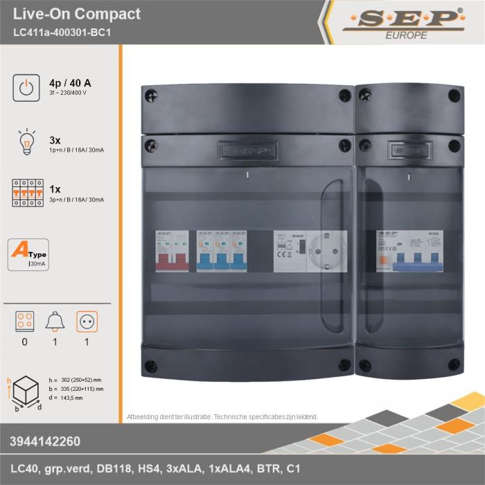 SEP Europe - Live-On Compact, LC411a-400301-BC1, 40A, 3-fase groepenkast, 3-lichtgroepen, 1-krachtgroepen, 1-beltrafo,  1V-contactdoos, technische gegevens