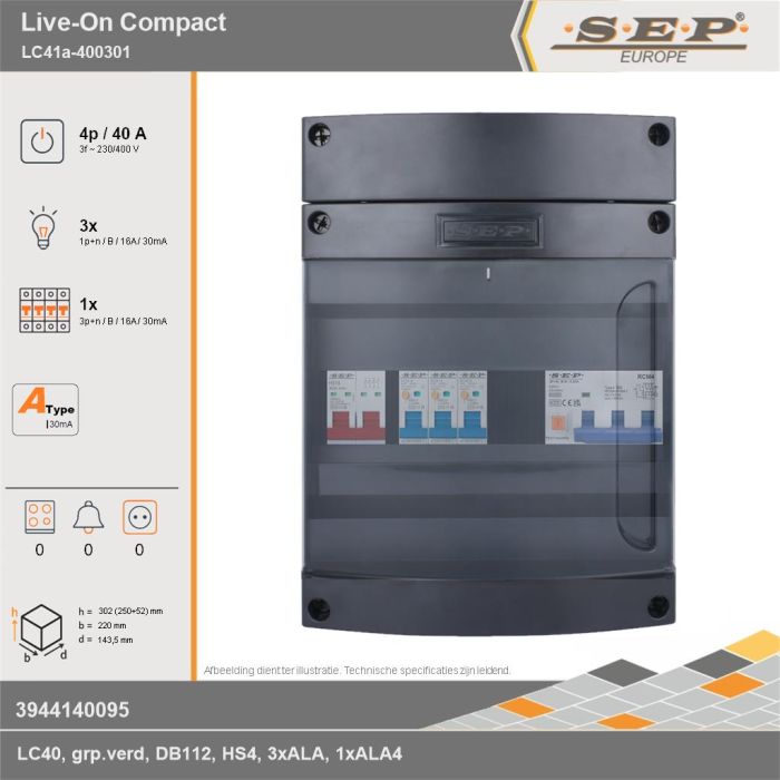 SEP Europe - Live-On Compact, LC41a-400301, 40A, 3-fase groepenkast, 3-lichtgroepen, 1-krachtgroepen, technische gegevens