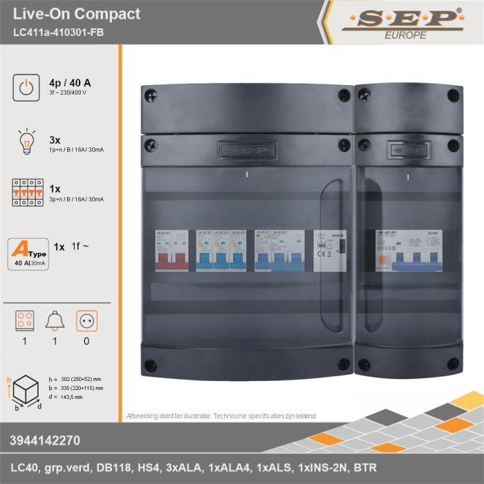 SEP Europe - Live-On Compact, LC411a-410301-FB, 40A, 3-fase groepenkast, 3-lichtgroepen, 1-krachtgroepen, 1-fornuisgroep, 1-beltrafo, technische gegevens