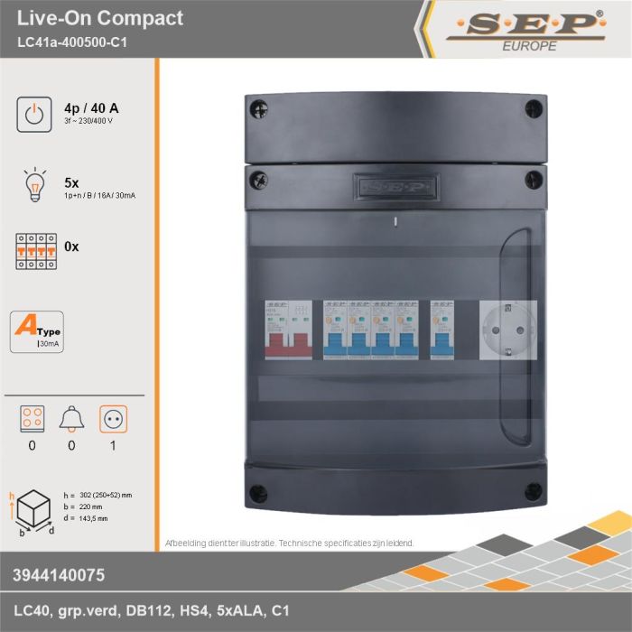 SEP Europe - Live-On Compact, LC41a-400500-C1, 40A, 3-fase groepenkast, 5-lichtgroepen,  1V-contactdoos, technische gegevens