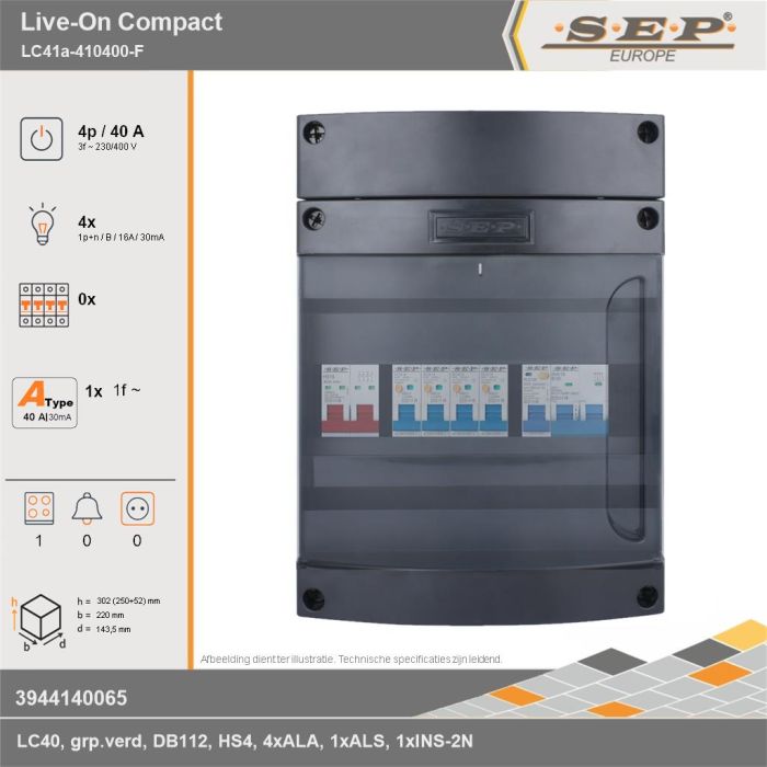 SEP Europe - Live-On Compact, LC41a-410400-F, 40A, 3-fase groepenkast, 4-lichtgroepen, 1-fornuisgroep, technische gegevens
