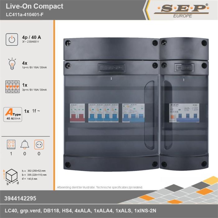 SEP Europe - Live-On Compact, LC411a-410401-F, 40A, 3-fase groepenkast, 4-lichtgroepen, 1-krachtgroepen, 1-fornuisgroep, technische gegevens