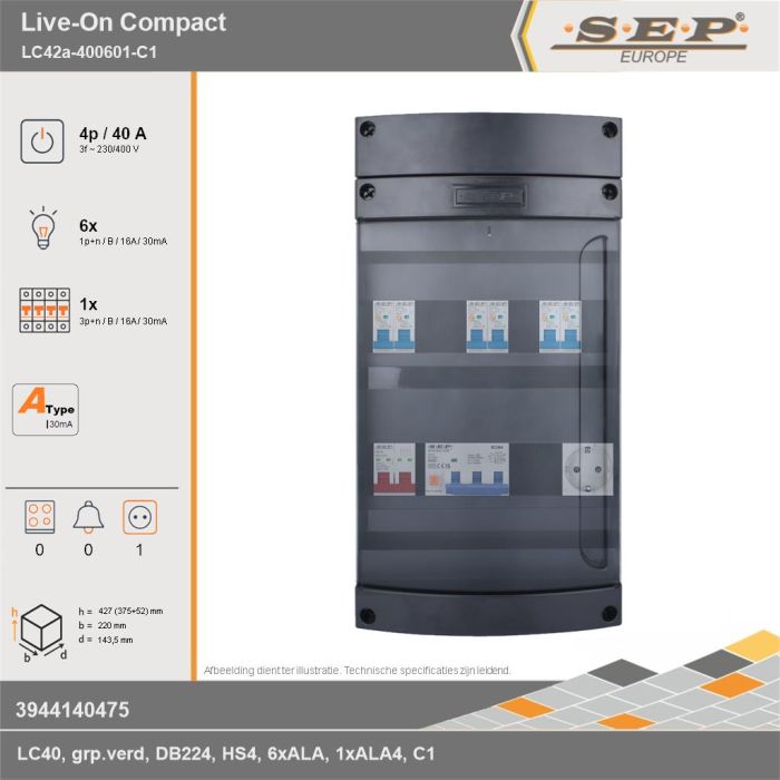 SEP Europe - Live-On Compact, LC42a-400601-C1, 40A, 3-fase groepenkast, 6-lichtgroepen, 1-krachtgroepen,  1V-contactdoos, technische gegevens