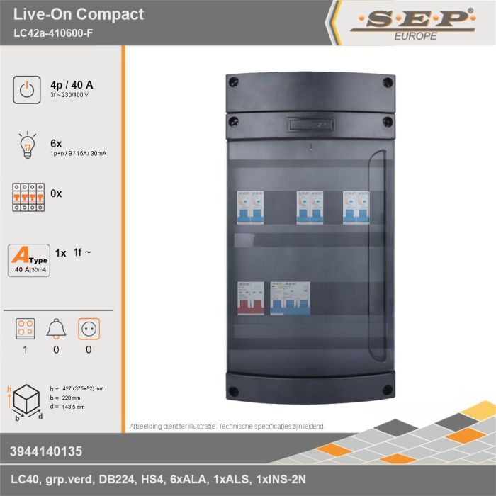 SEP Europe - Live-On Compact, LC42a-410600-F, 40A, 3-fase groepenkast, 6-lichtgroepen, 1-fornuisgroep, technische gegevens