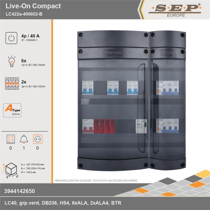 SEP Europe - Live-On Compact, LC422a-400602-B, 40A, 3-fase groepenkast, 6-lichtgroepen, 2-krachtgroepen, 1-beltrafo, technische gegevens