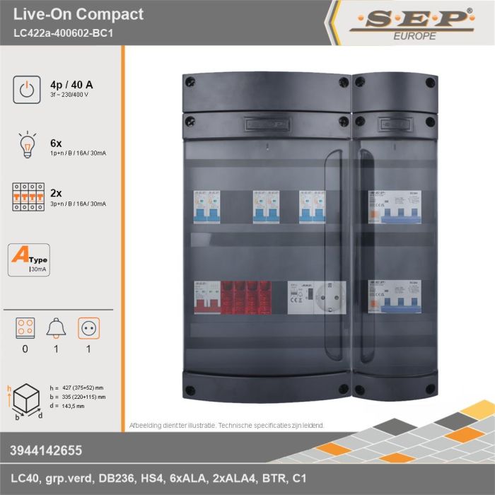 SEP Europe - Live-On Compact, LC422a-400602-BC1, 40A, 3-fase groepenkast, 6-lichtgroepen, 2-krachtgroepen, 1-beltrafo,  1V-contactdoos, technische gegevens
