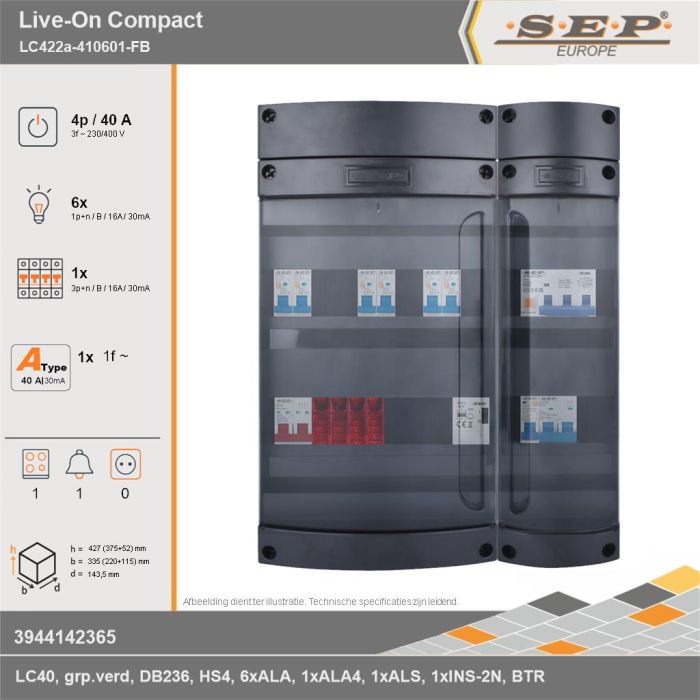 SEP Europe - Live-On Compact, LC422a-410601-FB, 40A, 3-fase groepenkast, 6-lichtgroepen, 1-krachtgroepen, 1-fornuisgroep, 1-beltrafo, technische gegevens