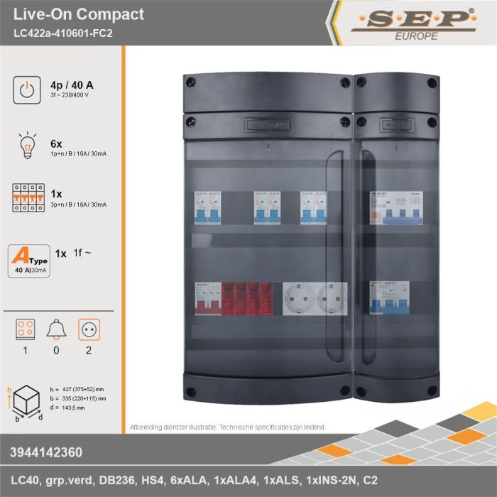 SEP Europe - Live-On Compact, LC422a-410601-FC2, 40A, 3-fase groepenkast, 6-lichtgroepen, 1-krachtgroepen, 1-fornuisgroep,  2V-contactdoos, technische gegevens
