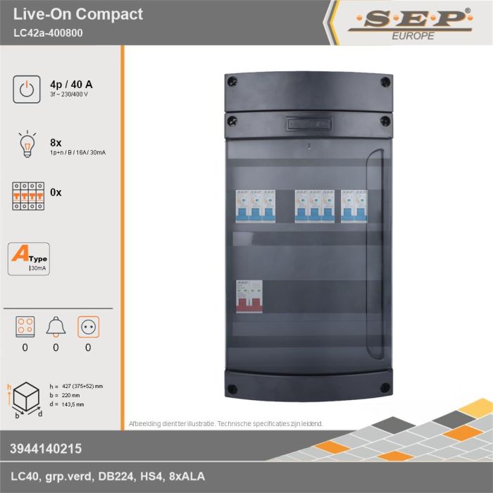 SEP Europe - Live-On Compact, LC42a-400800, 40A, 3-fase groepenkast, 8-lichtgroepen, technische gegevens