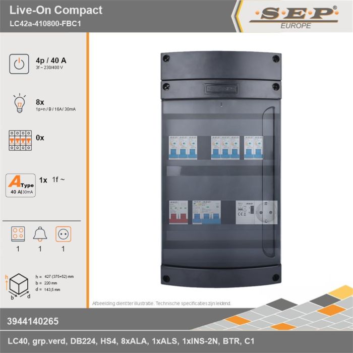 SEP Europe - Live-On Compact, LC42a-410800-FBC1, 40A, 3-fase groepenkast, 8-lichtgroepen, 1-fornuisgroep, 1-beltrafo,  1V-contactdoos, technische gegevens