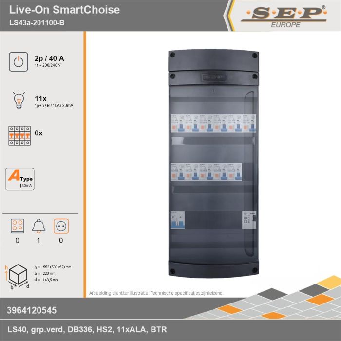 SEP Europe - Live-On SmartChoise, LS43a-201100-B, 40A, 1-fase groepenkast, 11-lichtgroepen, 1-beltrafo, technische gegevens