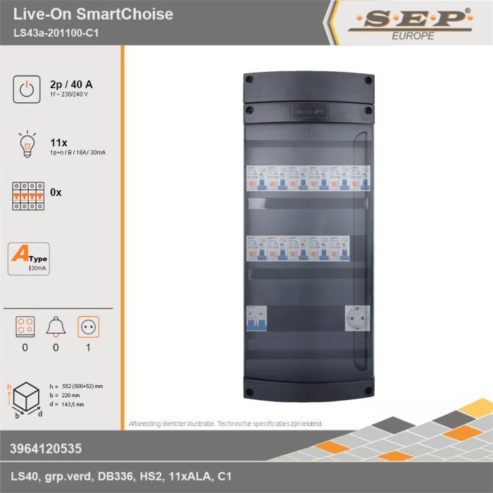 SEP Europe - Live-On SmartChoise, LS43a-201100-C1, 40A, 1-fase groepenkast, 11-lichtgroepen,  1V-contactdoos, technische gegevens