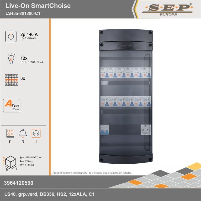 SEP Europe - Live-On SmartChoise, LS43a-201200-C1, 40A, 1-fase groepenkast, 12-lichtgroepen,  1V-contactdoos, technische gegevens