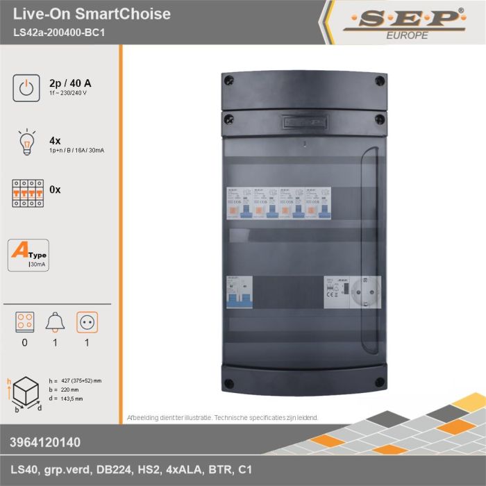 SEP Europe - Live-On SmartChoise, LS42a-200400-BC1, 40A, 1-fase groepenkast, 4-lichtgroepen, 1-beltrafo,  1V-contactdoos, technische gegevens