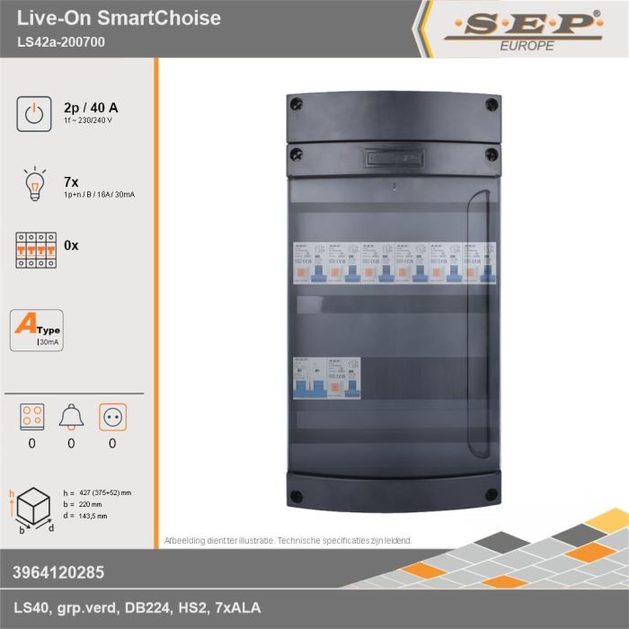 SEP Europe - Live-On SmartChoise, LS42a-200700, 40A, 1-fase groepenkast, 7-lichtgroepen, technische gegevens