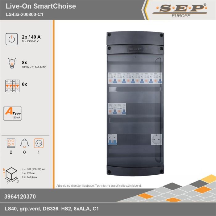 SEP Europe - Live-On SmartChoise, LS43a-200800-C1, 40A, 1-fase groepenkast, 8-lichtgroepen,  1V-contactdoos, technische gegevens