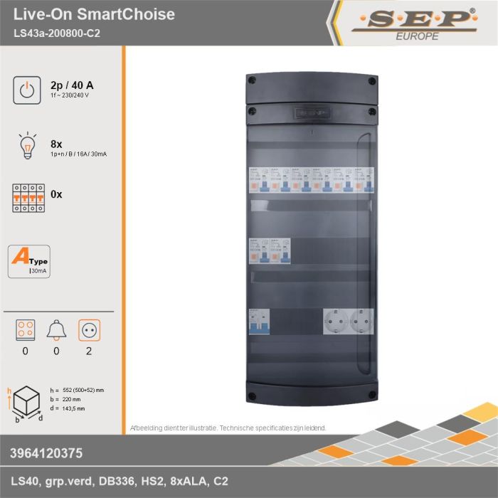 SEP Europe - Live-On SmartChoise, LS43a-200800-C2, 40A, 1-fase groepenkast, 8-lichtgroepen,  2V-contactdoos, technische gegevens