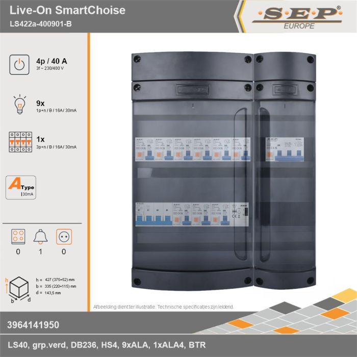 SEP Europe - Live-On SmartChoise, LS422a-400901-B, 40A, 3-fase groepenkast, 9-lichtgroepen, 1-krachtgroepen, 1-beltrafo, technische gegevens
