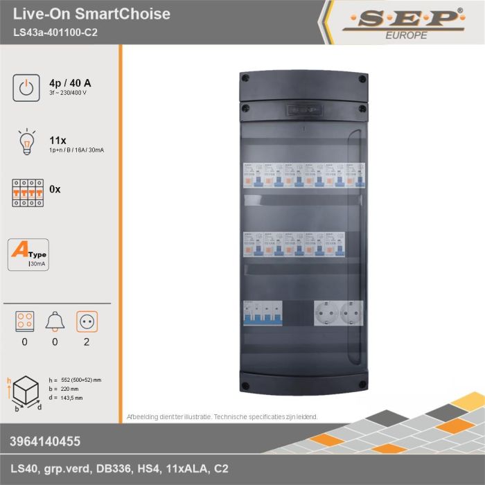 SEP Europe - Live-On SmartChoise, LS43a-401100-C2, 40A, 3-fase groepenkast, 11-lichtgroepen,  2V-contactdoos, technische gegevens