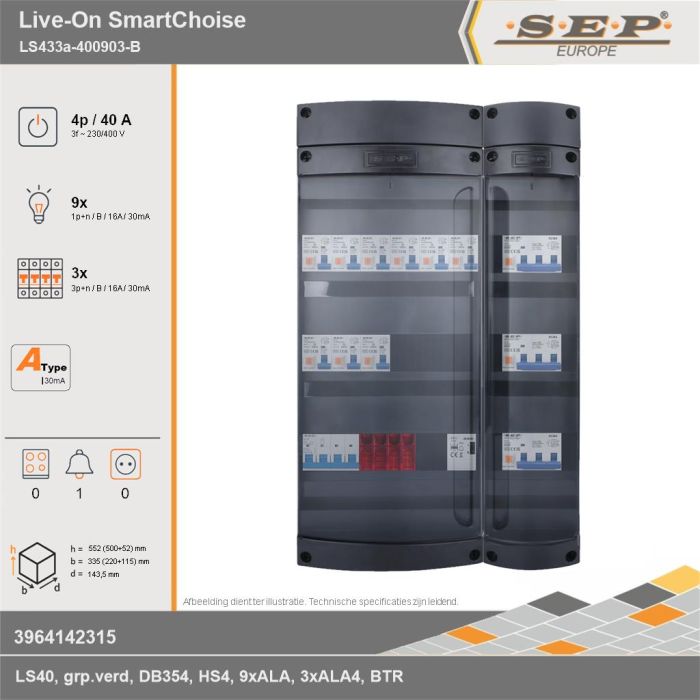 SEP Europe - Live-On SmartChoise, LS433a-400903-B, 40A, 3-fase groepenkast, 9-lichtgroepen, 3-krachtgroepen, 1-beltrafo, technische gegevens