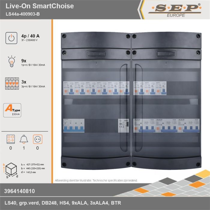 SEP Europe - Live-On SmartChoise, LS44a-400903-B, 40A, 3-fase groepenkast, 9-lichtgroepen, 3-krachtgroepen, 1-beltrafo, technische gegevens