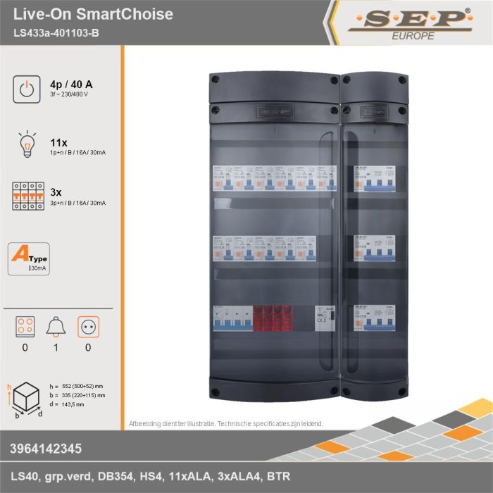 SEP Europe - Live-On SmartChoise, LS433a-401103-B, 40A, 3-fase groepenkast, 11-lichtgroepen, 3-krachtgroepen, 1-beltrafo, technische gegevens