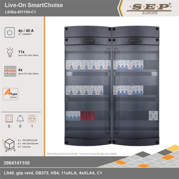 SEP Europe - Live-On SmartChoise, LS46a-401104-C1, 40A, 3-fase groepenkast, 11-lichtgroepen, 4-krachtgroepen,  1V-contactdoos, technische gegevens