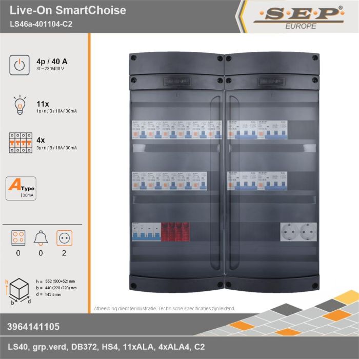 SEP Europe - Live-On SmartChoise, LS46a-401104-C2, 40A, 3-fase groepenkast, 11-lichtgroepen, 4-krachtgroepen,  2V-contactdoos, technische gegevens