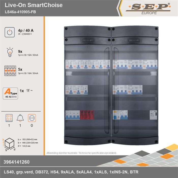 SEP Europe - Live-On SmartChoise, LS46a-410905-FB, 40A, 3-fase groepenkast, 9-lichtgroepen, 5-krachtgroepen, 1-fornuisgroep, 1-beltrafo, technische gegevens