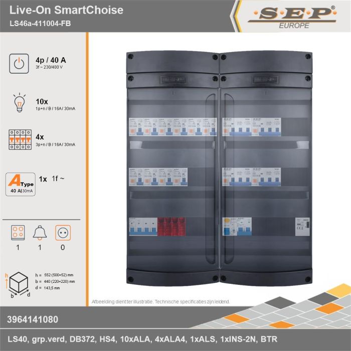 SEP Europe - Live-On SmartChoise, LS46a-411004-FB, 40A, 3-fase groepenkast, 10-lichtgroepen, 4-krachtgroepen, 1-fornuisgroep, 1-beltrafo, technische gegevens