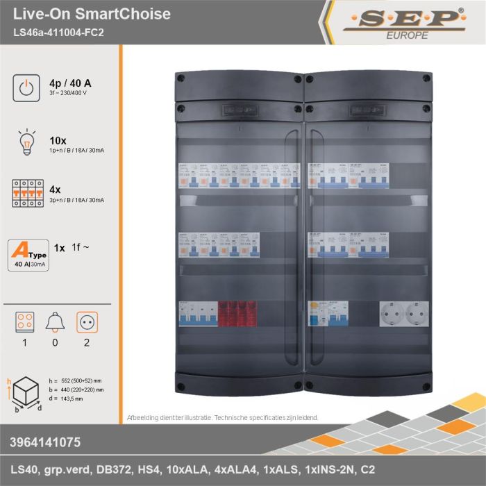 SEP Europe - Live-On SmartChoise, LS46a-411004-FC2, 40A, 3-fase groepenkast, 10-lichtgroepen, 4-krachtgroepen, 1-fornuisgroep,  2V-contactdoos, technische gegevens