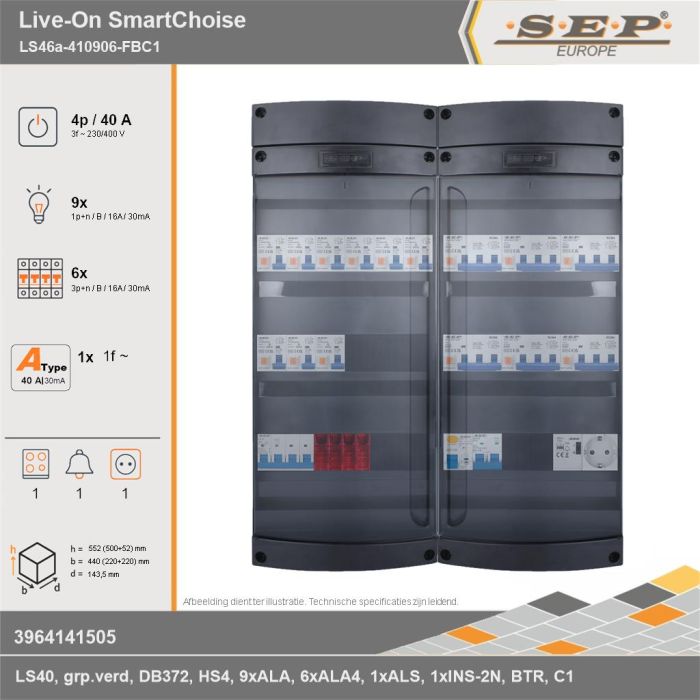 SEP Europe - Live-On SmartChoise, LS46a-410906-FBC1, 40A, 3-fase groepenkast, 9-lichtgroepen, 6-krachtgroepen, 1-fornuisgroep, 1-beltrafo,  1V-contactdoos, technische gegevens