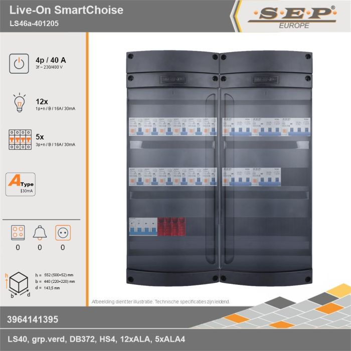SEP Europe - Live-On SmartChoise, LS46a-401205, 40A, 3-fase groepenkast, 12-lichtgroepen, 5-krachtgroepen, technische gegevens