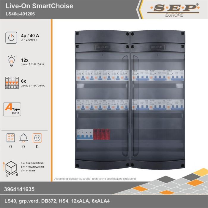 SEP Europe - Live-On SmartChoise, LS46a-401206, 40A, 3-fase groepenkast, 12-lichtgroepen, 6-krachtgroepen, technische gegevens