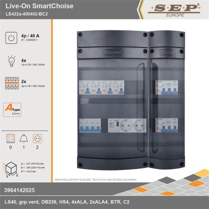 SEP Europe - Live-On SmartChoise, LS422a-400402-BC2, 40A, 3-fase groepenkast, 4-lichtgroepen, 2-krachtgroepen, 1-beltrafo,  2V-contactdoos, technische gegevens