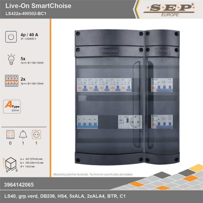SEP Europe - Live-On SmartChoise, LS422a-400502-BC1, 40A, 3-fase groepenkast, 5-lichtgroepen, 2-krachtgroepen, 1-beltrafo,  1V-contactdoos, technische gegevens