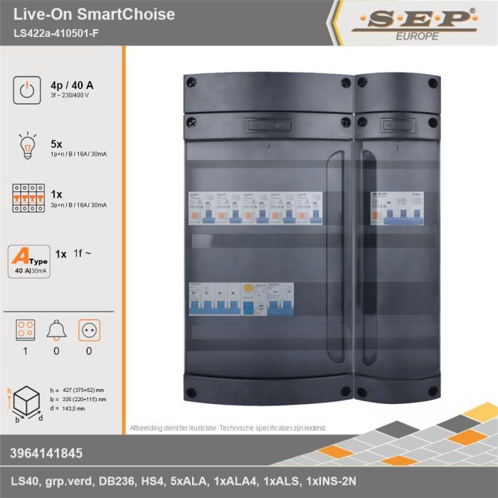 SEP Europe - Live-On SmartChoise, LS422a-410501-F, 40A, 3-fase groepenkast, 5-lichtgroepen, 1-krachtgroepen, 1-fornuisgroep, technische gegevens