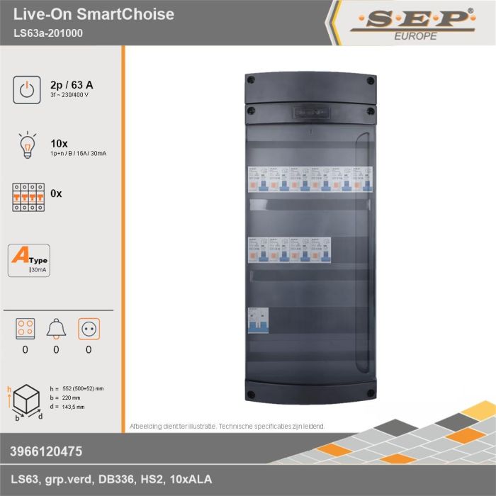SEP Europe - Live-On SmartChoise, LS63a-201000, 63A, 3-fase groepenkast, 10-lichtgroepen, technische gegevens