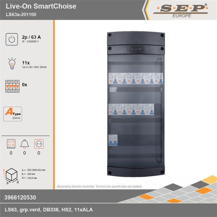 SEP Europe - Live-On SmartChoise, LS63a-201100, 63A, 3-fase groepenkast, 11-lichtgroepen, technische gegevens