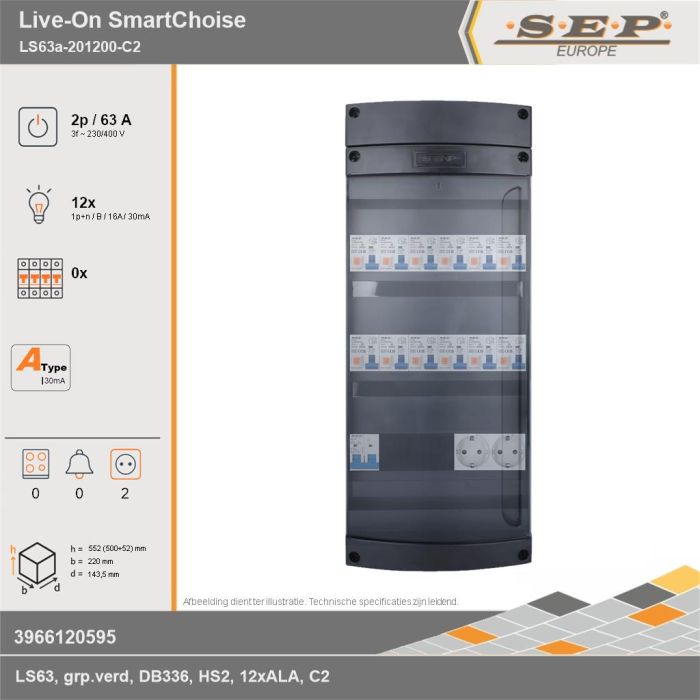 SEP Europe - Live-On SmartChoise, LS63a-201200-C2, 63A, 3-fase groepenkast, 12-lichtgroepen,  2V-contactdoos, technische gegevens