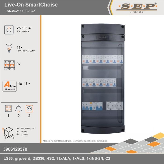 SEP Europe - Live-On SmartChoise, LS63a-211100-FC2, 63A, 3-fase groepenkast, 11-lichtgroepen, 1-fornuisgroep,  2V-contactdoos, technische gegevens