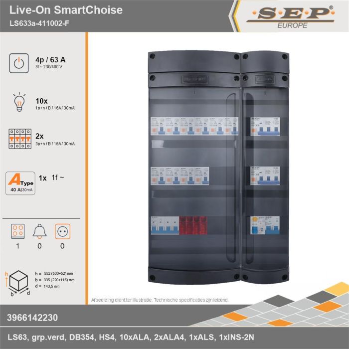 SEP Europe - Live-On SmartChoise, LS633a-411002-F, 63A, 3-fase groepenkast, 10-lichtgroepen, 2-krachtgroepen, 1-fornuisgroep, technische gegevens