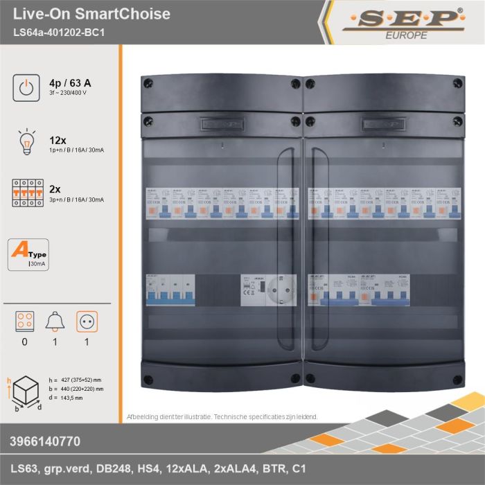 SEP Europe - Live-On SmartChoise, LS64a-401202-BC1, 63A, 3-fase groepenkast, 12-lichtgroepen, 2-krachtgroepen, 1-beltrafo,  1V-contactdoos, technische gegevens