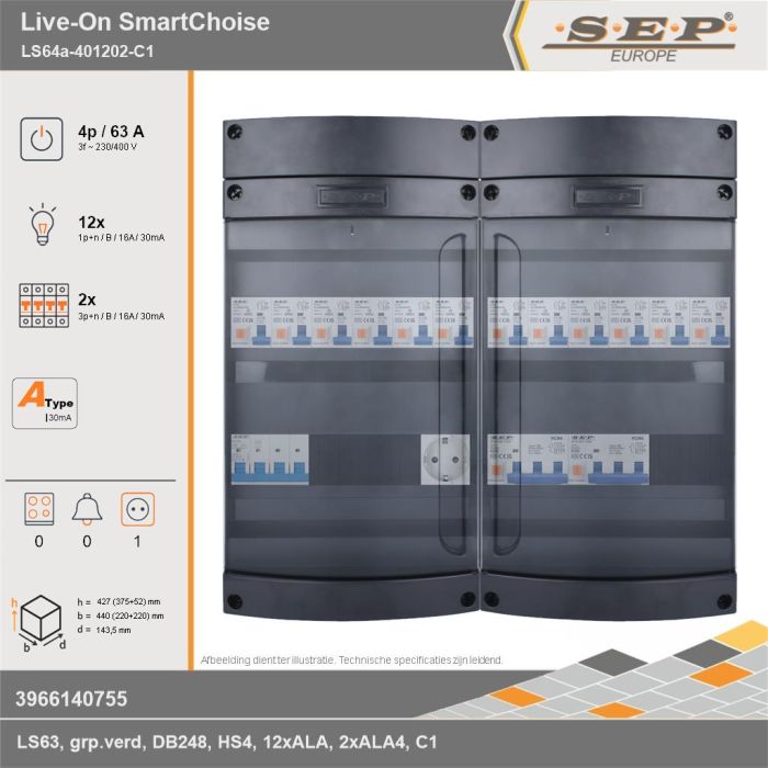 SEP Europe - Live-On SmartChoise, LS64a-401202-C1, 63A, 3-fase groepenkast, 12-lichtgroepen, 2-krachtgroepen,  1V-contactdoos, technische gegevens