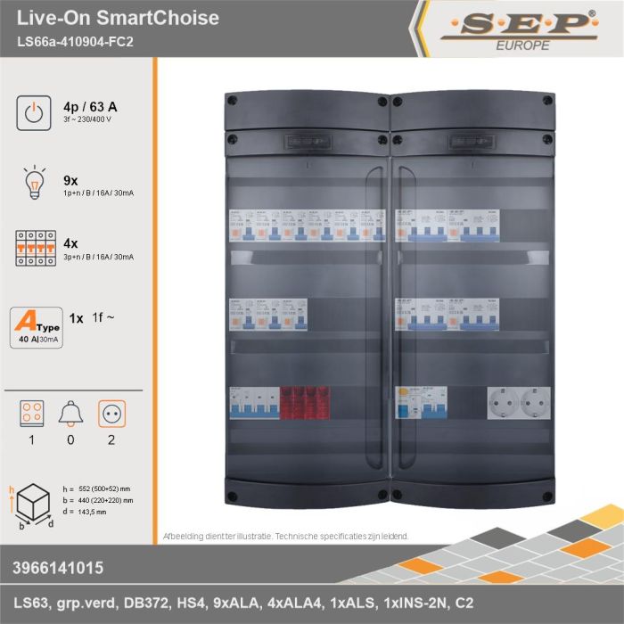SEP Europe - Live-On SmartChoise, LS66a-410904-FC2, 63A, 3-fase groepenkast, 9-lichtgroepen, 4-krachtgroepen, 1-fornuisgroep,  2V-contactdoos, technische gegevens