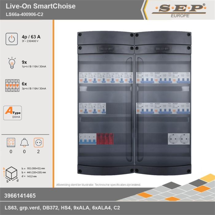 SEP Europe - Live-On SmartChoise, LS66a-400906-C2, 63A, 3-fase groepenkast, 9-lichtgroepen, 6-krachtgroepen,  2V-contactdoos, technische gegevens