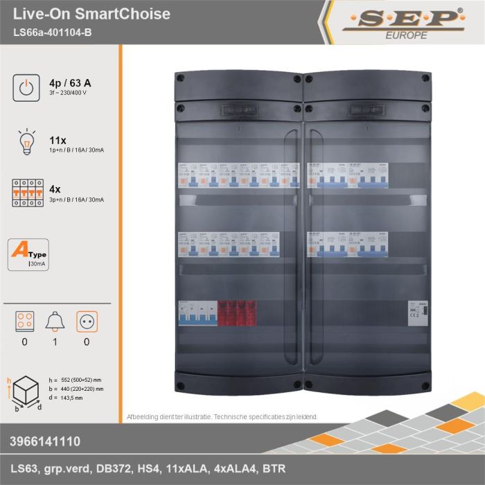 SEP Europe - Live-On SmartChoise, LS66a-401104-B, 63A, 3-fase groepenkast, 11-lichtgroepen, 4-krachtgroepen, 1-beltrafo, technische gegevens