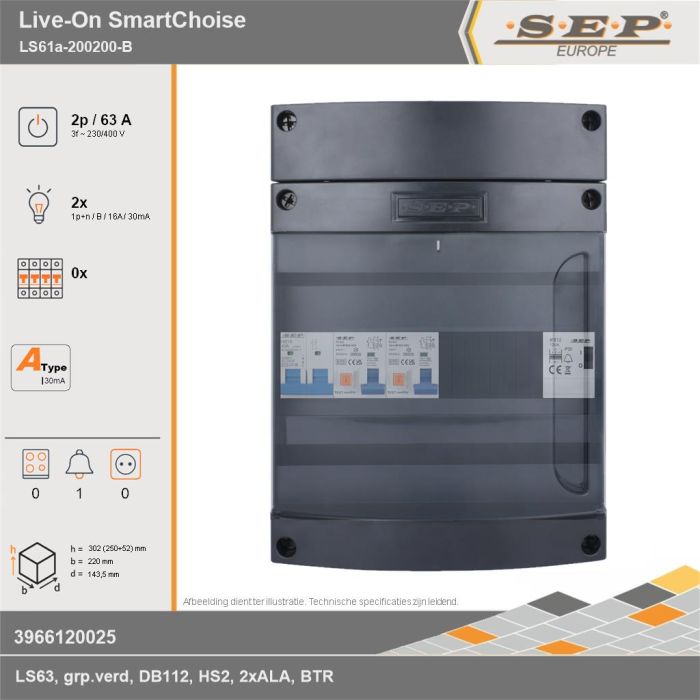 SEP Europe - Live-On SmartChoise, LS61a-200200-B, 63A, 3-fase groepenkast, 2-lichtgroepen, 1-beltrafo, technische gegevens